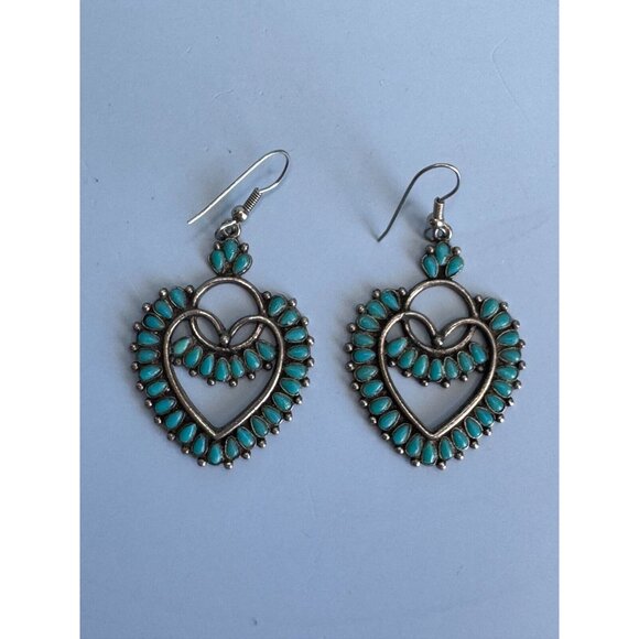Vintage Southwestern Silver Tone Block Turquoise Earrings by Sancrest Jewelry - Picture 3 of 10